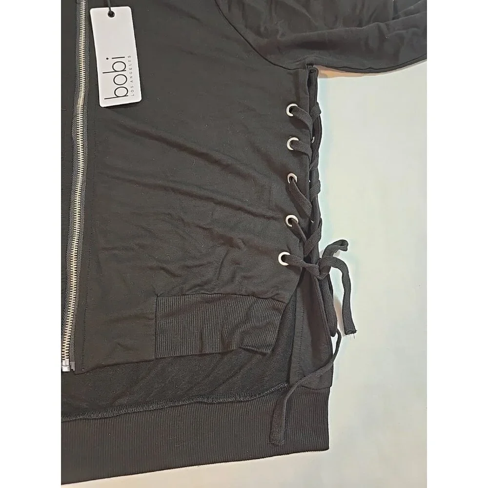 bobi zip front jacket‎ Black Lace up sides Stretch Long Sleeve Size S New
